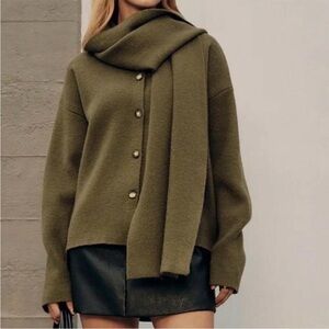 Commense button -front knit cardigan with Scarf Detail